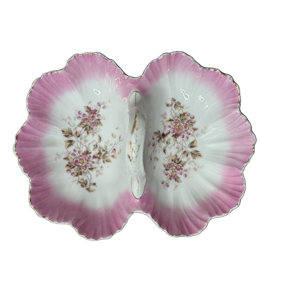 Antique KPM Germany Porcelain Pink Floral Divided Serving Dish Center Handle